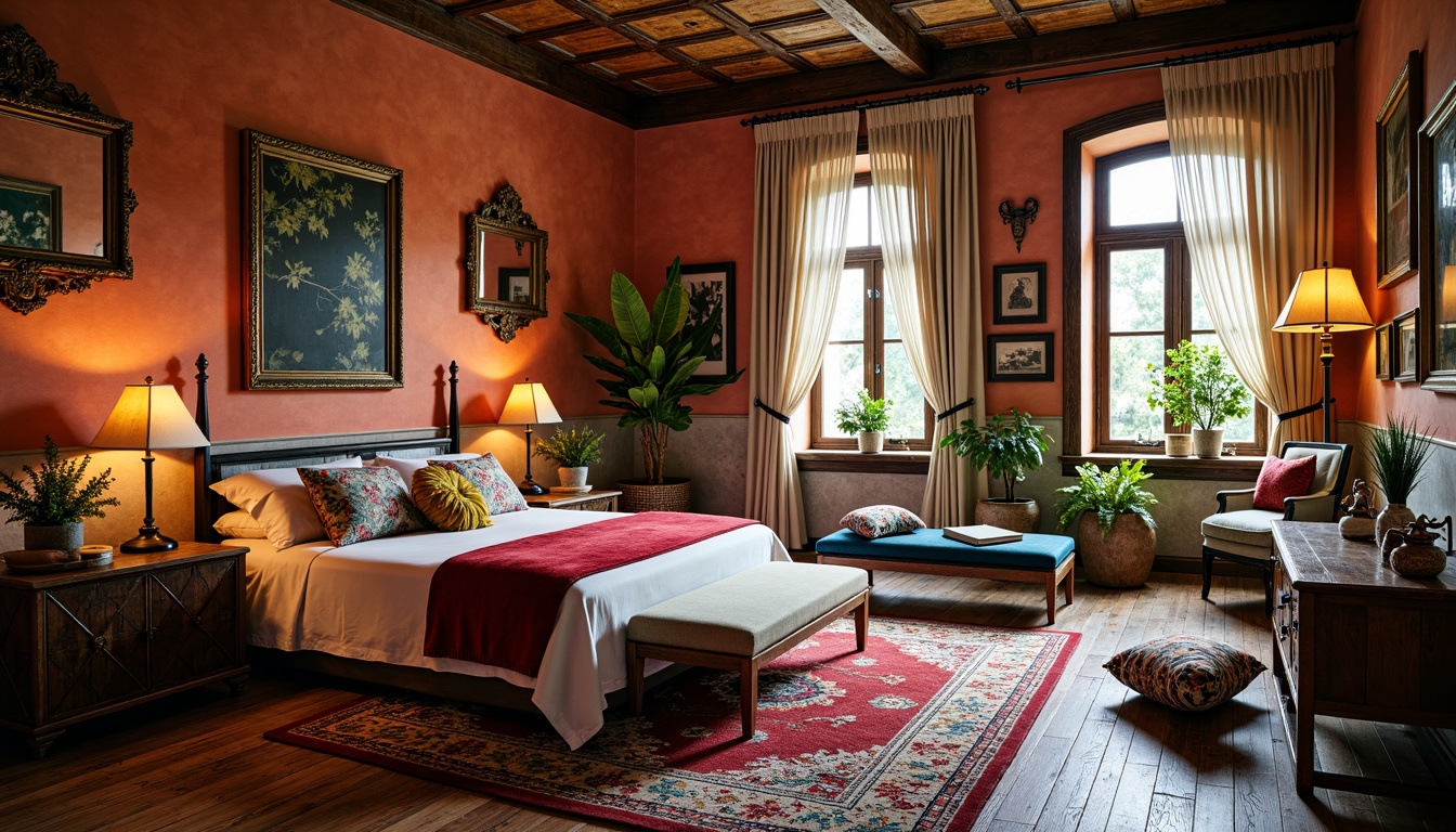 Prompt: Vibrant eclectic bedroom, rich wood tones, plush velvet fabrics, ornate metal frames, distressed finishes, Moroccan-inspired tiles, colorful patterned rugs, layered window treatments, flowing drapery, abstract artwork, decorative mirrors, antique furnishings, mix-and-match furniture pieces, soft warm lighting, cozy reading nook, lush greenery, natural textiles, global-inspired accessories, vintage decor items, eclectic color palette.