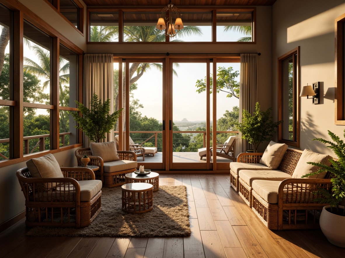 Prompt: Cozy sunroom, warm natural light, comfortable wicker furniture, plush cushions, rattan chairs, glass coffee tables, tropical plants, wooden floors, sliding glass doors, panoramic views, soft warm lighting, shallow depth of field, 1/1 composition, realistic textures, ambient occlusion.