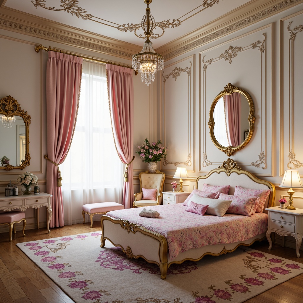 Prompt: Whimsical kids' bedroom, soft pastel colors, ornate golden frames, delicate floral patterns, lavish velvet fabrics, intricate carvings, playful cherub decorations, Rococo-inspired furnishings, curved lines, shell-shaped accents, luxurious drapery, tassel-trimmed curtains, sparkling chandeliers, warm soft lighting, shallow depth of field, 1/1 composition, ornate mirrors, elegant furniture legs, richly textured wallpapers, vibrant colorful accents.