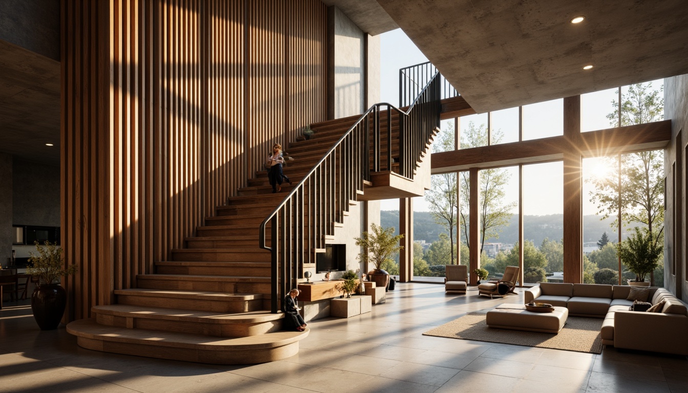 Prompt: Luxurious staircase, sleek metal railings, rich wood tones, minimalist design, open-plan living area, high ceilings, large windows, natural light pouring in, dramatic shadows, atmospheric lighting, 1/1 composition, shallow depth of field, soft warm glow, modern architecture, elegant curves, geometric patterns, premium materials, sophisticated textures, ambient occlusion.