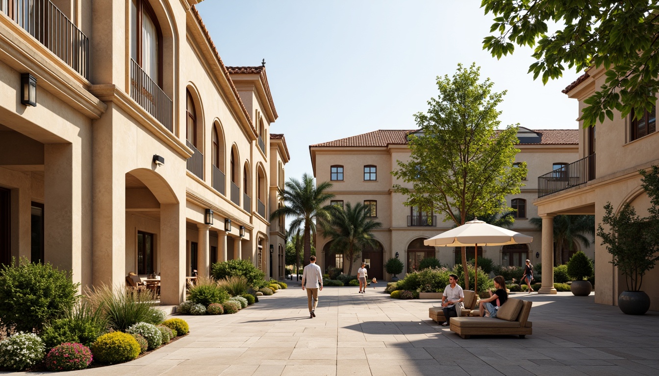 Prompt: Warm beige stone facades, soft cream ornate details, rich ionic columns, subtle golden accents, muted terracotta roofs, lush greenery, vibrant flower arrangements, natural wood benches, classic lanterns, elegant fountains, serene pedestrian walkways, bright sunny day, soft warm lighting, shallow depth of field, 3/4 composition, realistic textures, ambient occlusion.