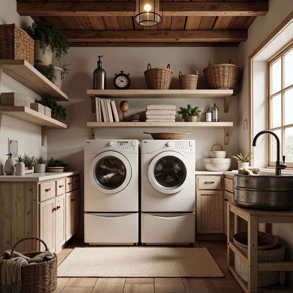 Prompt: Rustic laundry room, vintage washing machines, distressed wooden cabinets, metal bucket sinks, woven wicker baskets, natural linen fabrics, earthy color palette, soft warm lighting, shallow depth of field, 1/1 composition, realistic textures, ambient occlusion, farmhouse-inspired decor, antique hardware fixtures, brick red accents, creamy whites, weathered wood floors, functional shelving units.