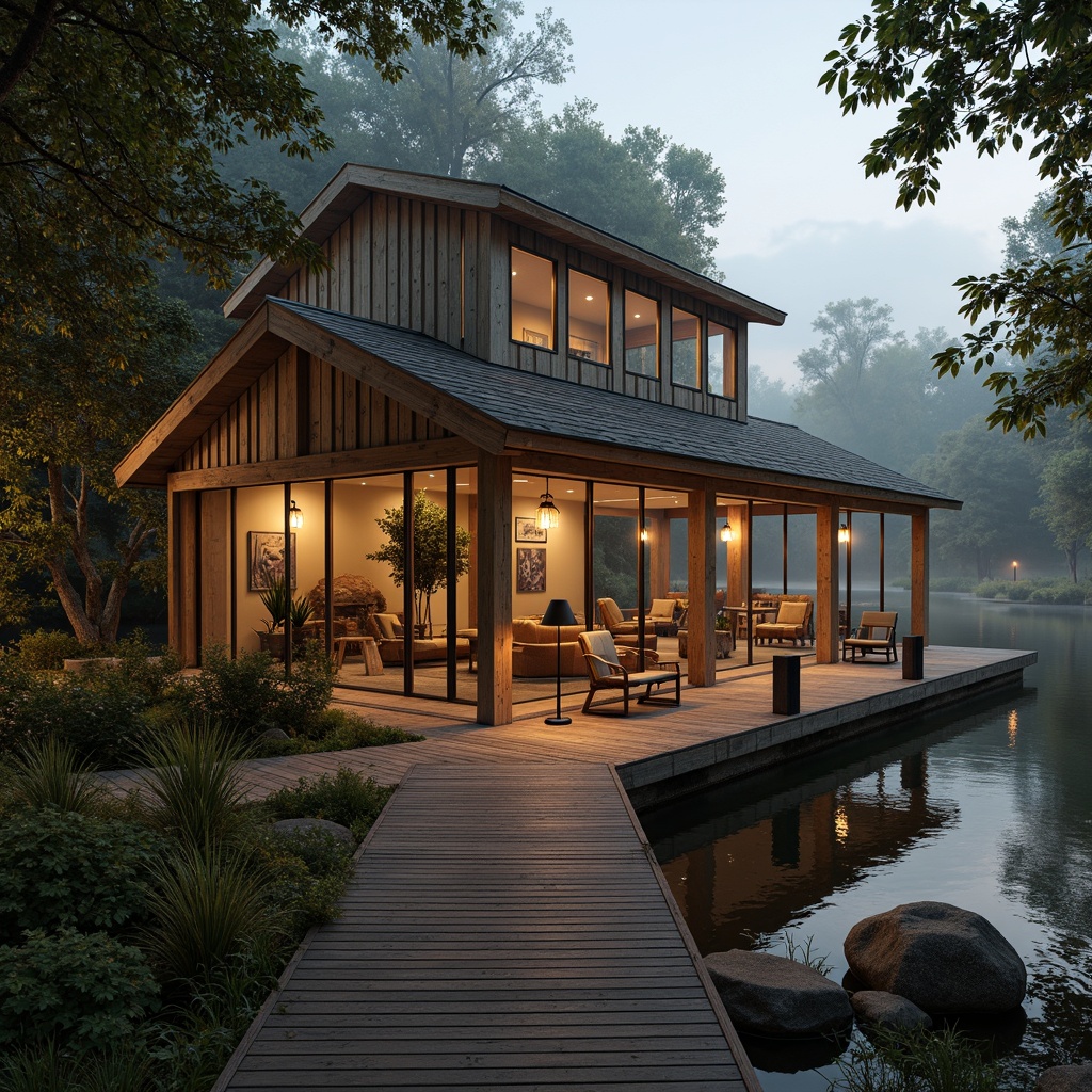 Prompt: Rustic boathouse, wooden docks, tranquil lake waters, lush greenery, warm golden lighting, soft ambient glow, lantern-style lamps, nautical-themed decorations, weathered wood textures, natural stone foundations, cozy interior spaces, warm beige tones, comfortable seating areas, scenic outdoor views, misty morning atmosphere, shallow depth of field, 1/2 composition, realistic reflections, subtle color grading.