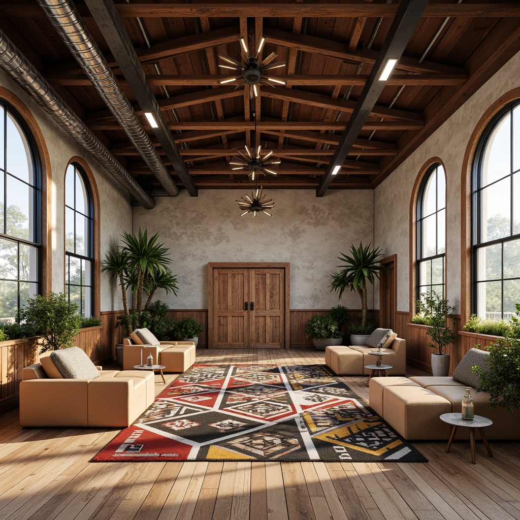 Prompt: Rustic gymnasium interior, wooden flooring, distressed finishes, vintage athletic equipment, metal beams, exposed ductwork, industrial-chic lighting, minimalist seating areas, reclaimed wood accents, worn leather upholstery, bold color blocking, geometric patterned rugs, natural textiles, earthy tone palette, warm cozy atmosphere, softbox lighting, 1/2 composition, shallow depth of field, realistic textures, ambient occlusion.