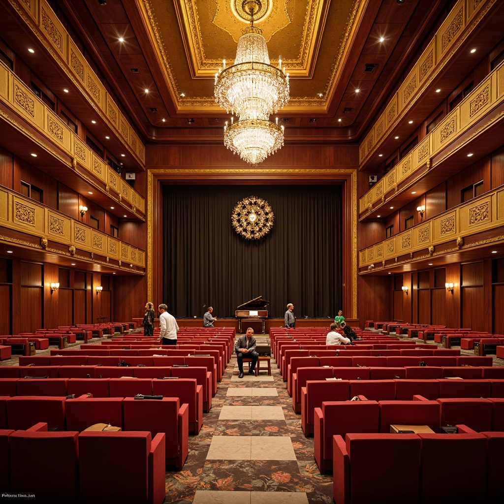 Prompt: Luxurious auditorium interior, rich wood paneling, velvety soft carpets, plush theater seats, ornate golden balconies, dramatic spotlights, crystal chandeliers, grand piano centerpieces, polished marble floors, intricate moldings, premium leather upholstery, sophisticated sound systems, warm ambient lighting, 1/2 composition, shallow depth of field, realistic textures, cinematic atmosphere.