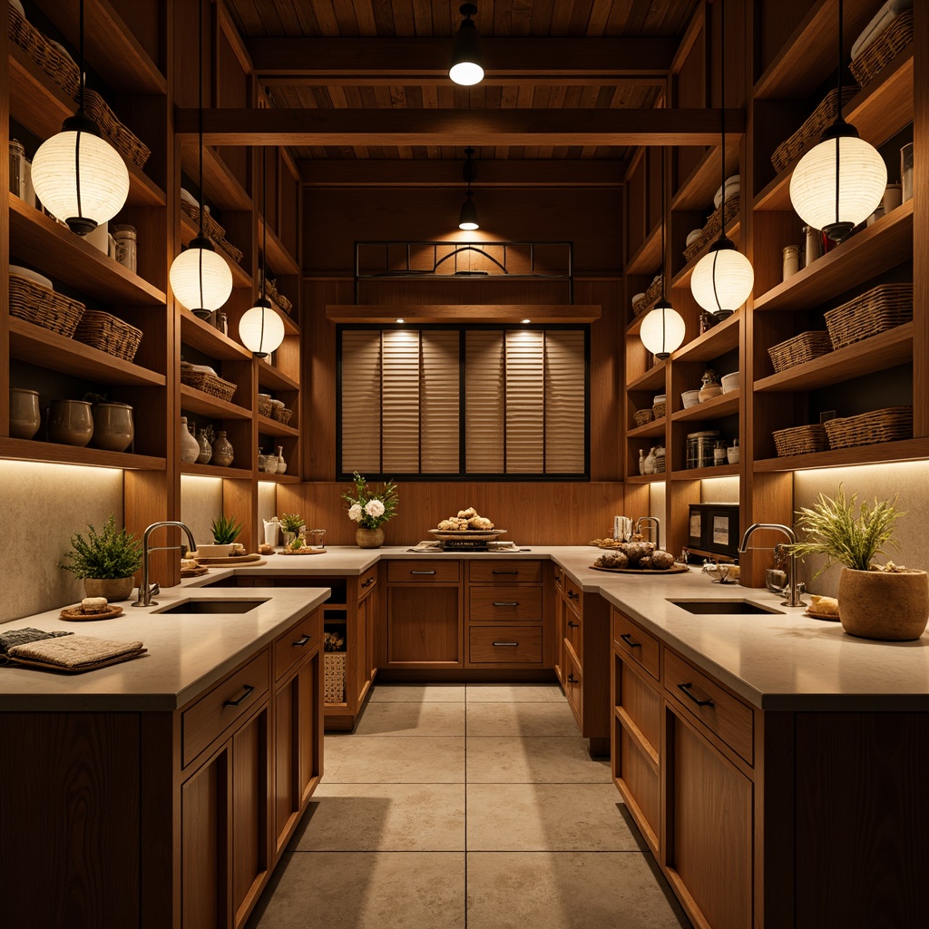 Prompt: Warm Asian-style pantry, rich wood tones, natural stone countertops, ornate lanterns, soft warm lighting, gentle glow, paper lantern-inspired pendant lights, subtle aromas, traditional Japanese sliding doors, minimalist shelving, woven bamboo baskets, earthy color palette, ambient occlusion, shallow depth of field, 1/1 composition, realistic textures.