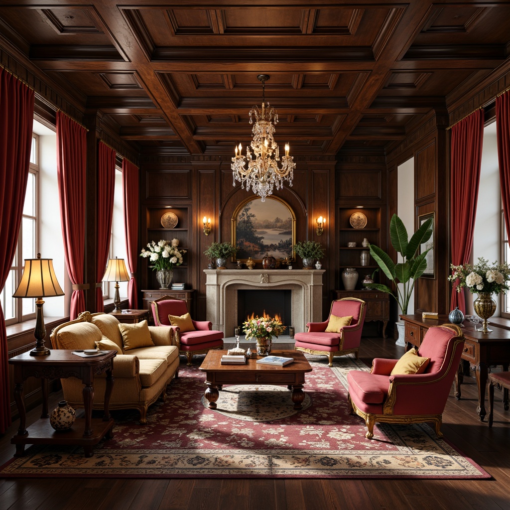 Prompt: Luxurious living room, ornate wooden furniture, intricately carved armchairs, velvet upholstery, antique vases, lavish curtains, crystal chandeliers, rich wood paneling, classic European architecture, rustic stone fireplaces, warm candlelight, soft focus, shallow depth of field, 1/1 composition, realistic textures, ambient occlusion.