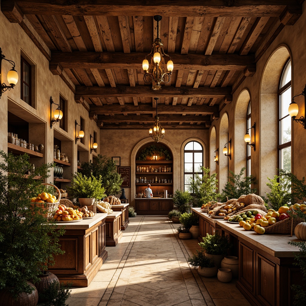 Prompt: Ornate Renaissance-style grocery store, warm golden lighting, elegant chandeliers, ornamental sconces, vintage metal lanterns, distressed wooden beams, rustic stone walls, fresco ceilings, marble countertops, wooden crates, woven baskets, antique farming tools, lush greenery, soft warm ambiance, cozy atmosphere, shallow depth of field, 1/1 composition, realistic textures, ambient occlusion.