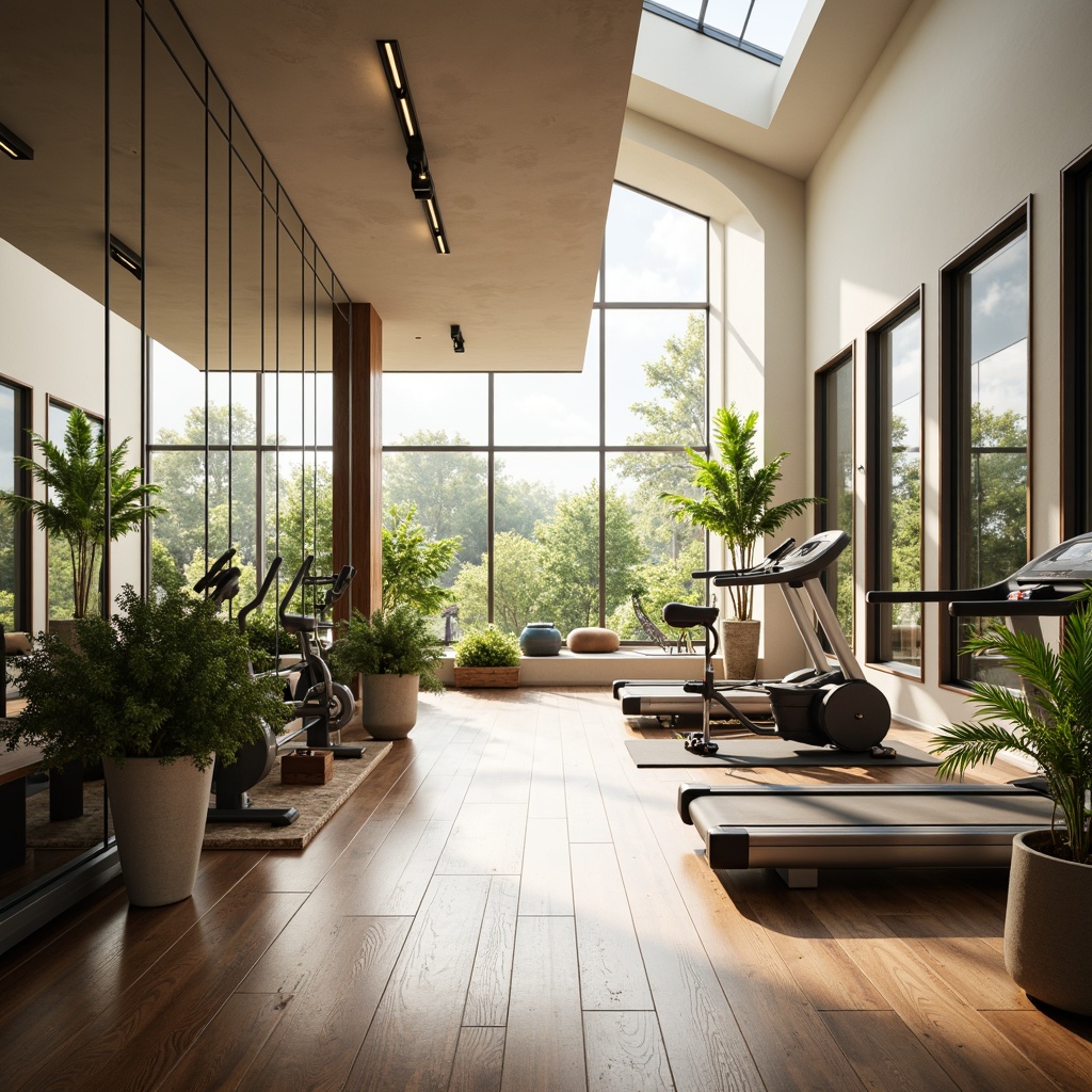 Prompt: Bright home gym, large windows, natural light pouring in, mirrored walls, polished wooden floors, sleek exercise equipment, free weights, treadmills, stationary bikes, yoga mats, calming color scheme, earthy tones, greenery, potted plants, minimalist decor, high ceilings, skylights, soft warm lighting, shallow depth of field, 3/4 composition, panoramic view, realistic textures, ambient occlusion.