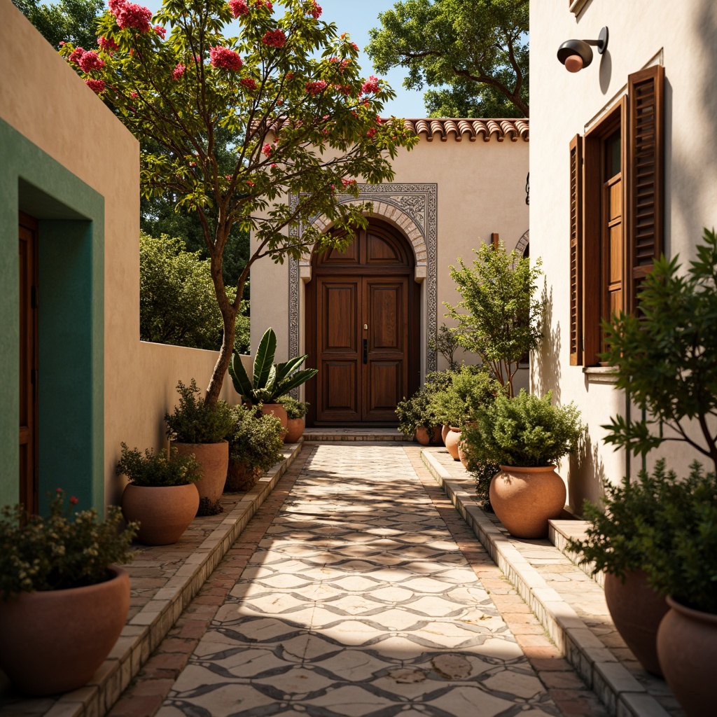 Prompt: Richly patterned azulejo tiles, ornate Moroccan-inspired archways, sun-kissed terracotta pots, lush greenery, vibrant bougainvillea flowers, rustic wooden shutters, creamy stucco walls, turquoise accents, intricate Moorish geometric motifs, warm golden lighting, shallow depth of field, 3/4 composition, panoramic view, realistic textures, ambient occlusion.