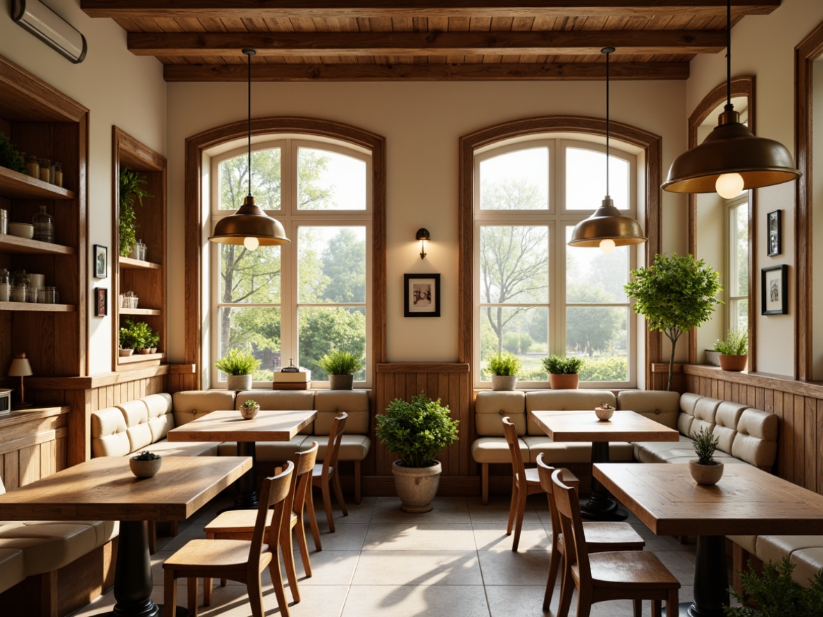 Prompt: Cozy breakfast nook, warm beige tones, soft cream colors, rich wood accents, elegant pendant lights, ornate metal fixtures, vintage-inspired lamp shades, rustic wooden tables, comfortable cushioned benches, lush greenery, natural stone flooring, subtle morning light, gentle warm glow, softbox lighting, 1/1 composition, realistic textures, ambient occlusion.