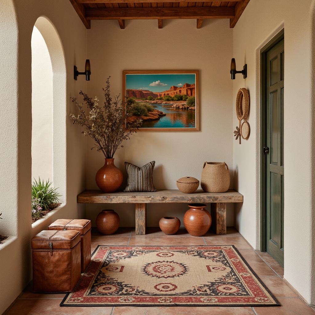 Prompt: Vibrant mudroom, Southwestern inspired decor, terracotta pottery, woven baskets, natural fiber rugs, earthy color palette, turquoise accents, geometric patterns, rustic wooden benches, distressed leather storage ottomans, woven wall hangings, desert landscape artwork, warm beige walls, soft ambient lighting, 1/1 composition, realistic textures.