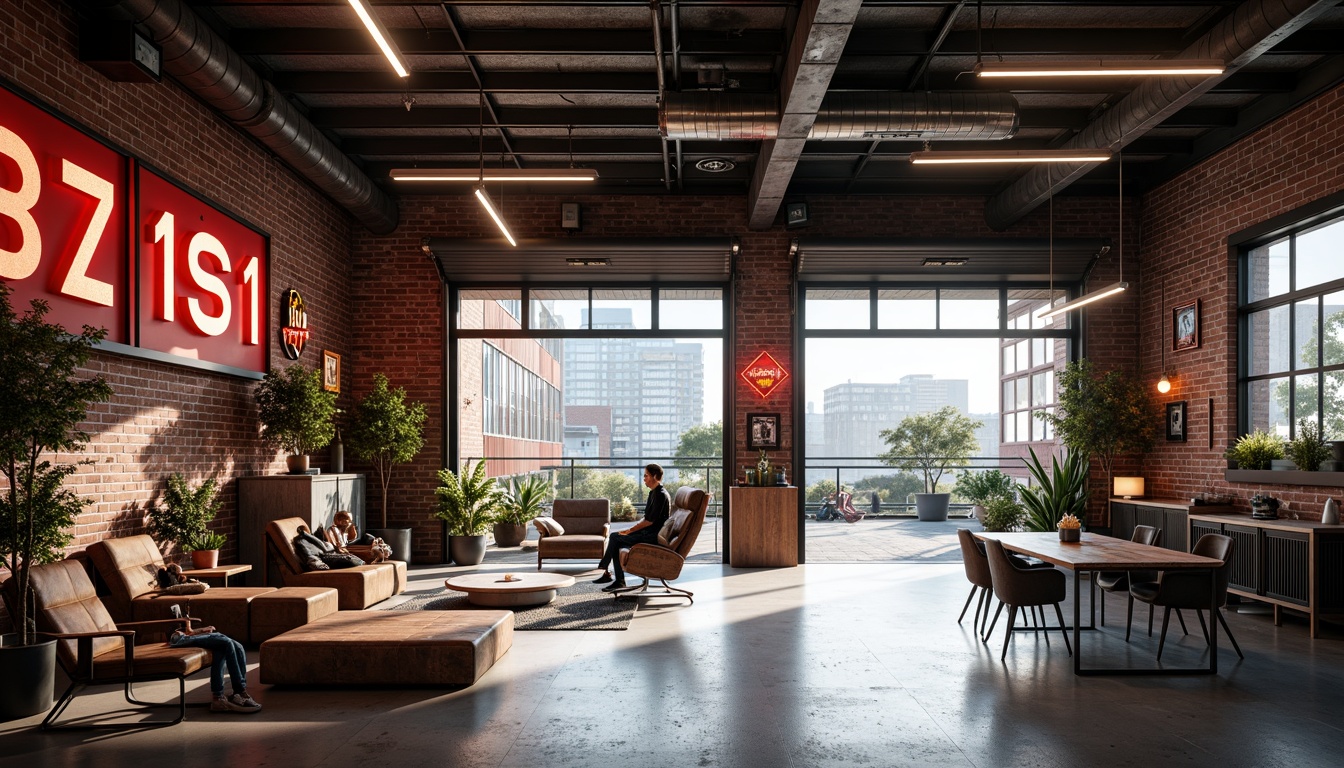 Prompt: Industrial-style garage, exposed brick walls, metal beams, polished concrete floors, bold color accents, neon signs, rustic wood tones, metallic sheens, urban cityscape views, natural light pouring in, shallow depth of field, 1/2 composition, realistic textures, ambient occlusion.