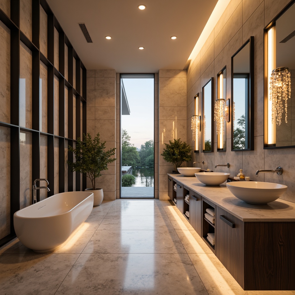 Prompt: Luxurious bathroom, soft warm glow, LED strip lights, ambient illumination, floor-to-ceiling windows, natural daylight, marble countertops, sleek faucets, modern sink basins, spa-inspired atmosphere, relaxing ambiance, dimmable lighting, waterproof fixtures, crystal chandeliers, polished chrome accents, elegant mirror frames, subtle color temperature, 1/1 composition, high-contrast ratio, realistic reflections, detailed textures.