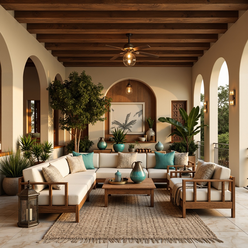 Prompt: Cozy Mediterranean-style apartment, warm beige walls, rustic wooden accents, creamy marble floors, plush sectional sofas, distressed leather armchairs, woven rattan coffee tables, ornate metal lanterns, vibrant turquoise vases, lush greenery, natural fiber rugs, soft golden lighting, shallow depth of field, 1/1 composition, realistic textures, ambient occlusion.