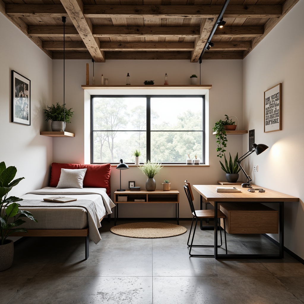 Prompt: Simple dorm room, minimalist decor, functional furniture, tubular steel frames, leather straps, wooden accents, geometric patterns, primary color schemes, industrial lighting fixtures, concrete floors, sparse greenery, modernist architecture, compact spaces, multi-functional design, built-in storage, angular lines, bold typography, graphic art pieces, black and white photographs, functional simplicity, natural materials, warm task lighting, shallow depth of field, 1/1 composition, realistic textures.