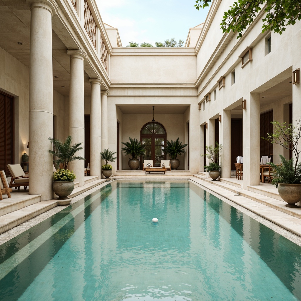 Prompt: \Elegant swimming pool, neoclassical architecture, marble columns, ornate fountains, symmetrical design, subtle water features, gentle ripples, soft turquoise water, creamy white stone walls, warm beige tile flooring, lush greenery, potted plants, decorative urns, subtle gold accents, serene atmosphere, natural light, soft shadows, 1/1 composition, shallow depth of field, realistic textures, ambient occlusion.\Let me know if this meets your requirements!