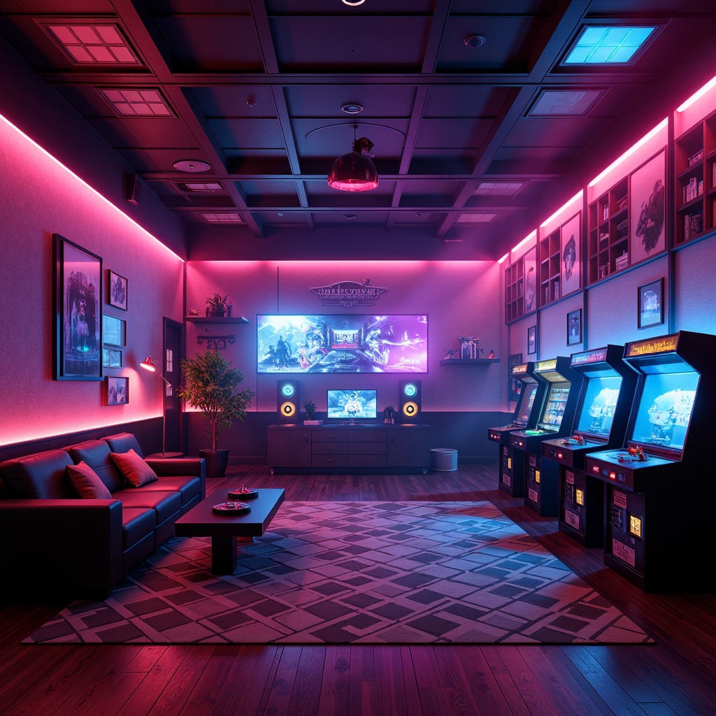 Prompt: Vibrant game room, neon-colored accents, dark-toned walls, futuristic LED lighting, glowing console stations, ambient floor lamps, softbox ceiling lights, cozy corner sofas, retro arcade machines, minimalist coffee tables, modern geometric rugs, rich wood paneling, cinematic wall murals, dramatic spotlights, atmospheric fog effects, 1/1 composition, realistic shadow mapping, high-contrast color scheme, immersive gaming experience.