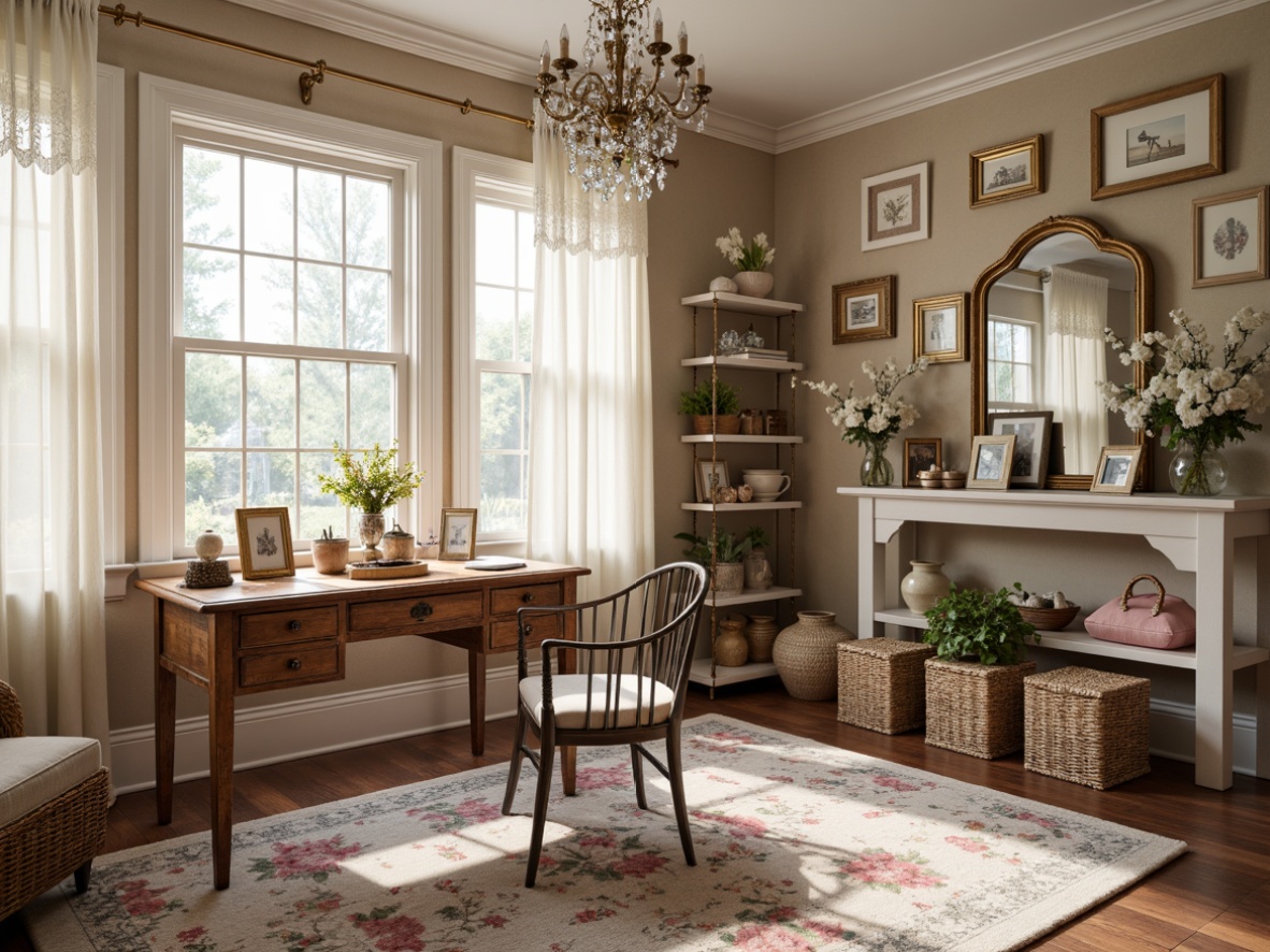 Prompt: Distressed wooden desk, vintage metal chair, soft pastel colors, floral patterned rug, lace curtains, feminine decorative accents, antique furniture pieces, ornate gold frames, distressed finishes, rustic wooden shelves, woven wicker baskets, plush velvet pillows, elegant crystal chandelier, natural light pouring in, warm cozy atmosphere, shallow depth of field, 1/1 composition, realistic textures, ambient occlusion.