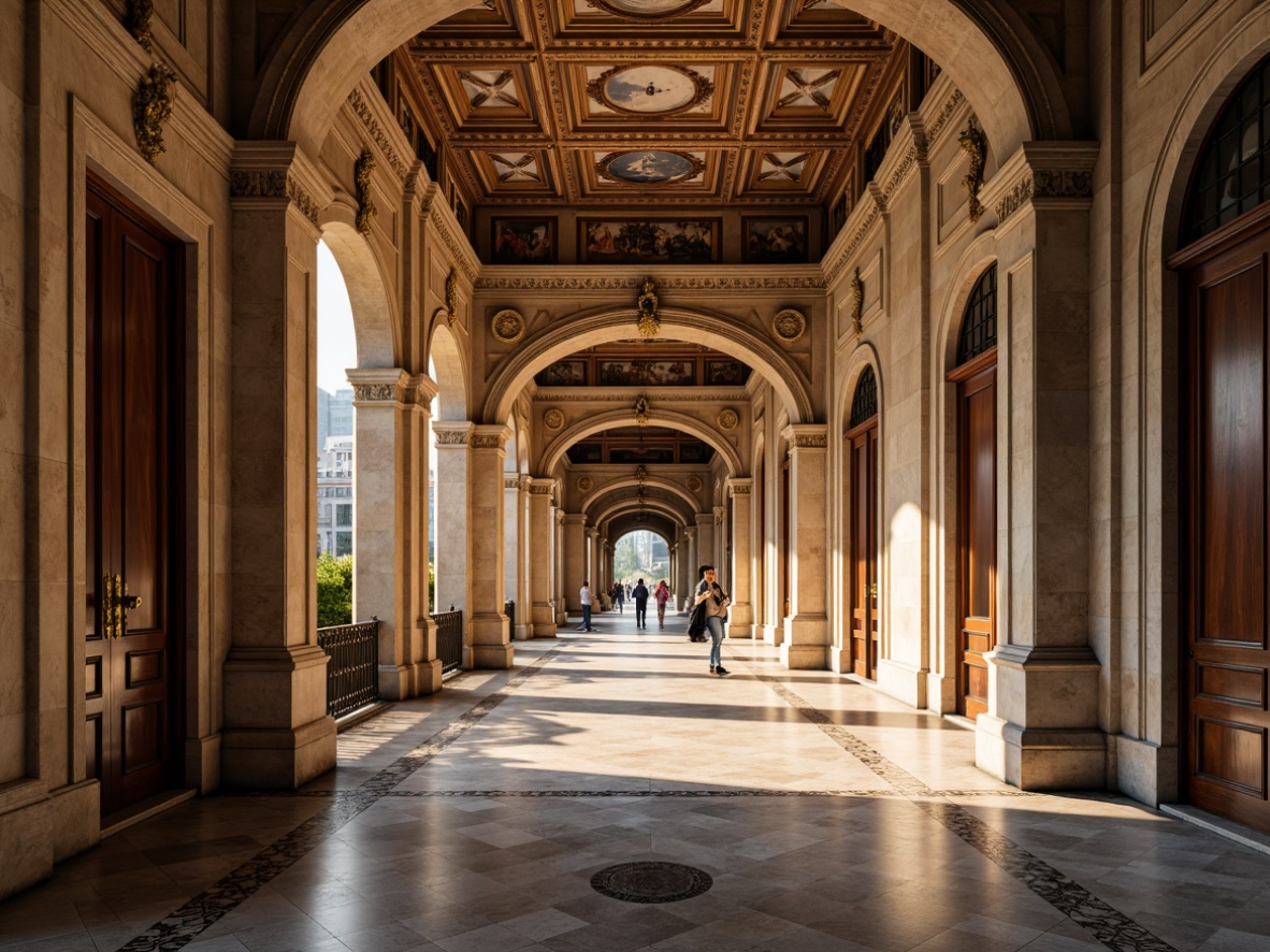 Prompt: Ornate Renaissance palazzo, intricately carved stone facades, rusticated quoins, ornamental pilasters, grand archways, vaulted ceilings, decorative frescoes, textured marble floors, polished bronze door handles, lavish gilded details, warm golden lighting, soft focus, atmospheric perspective, 1/2 composition, cinematic angle, high-contrast rendering, detailed normal maps.