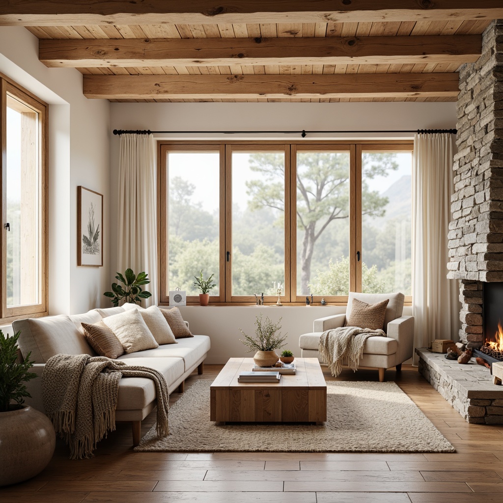 Prompt: Cozy Scandinavian living room, natural wood accents, woven textiles, chunky knit blankets, plush area rugs, organic shape furniture, minimal ornamentation, soft warm lighting, creamy white walls, wooden floorboards, minimalist decor, industrial-chic metal fixtures, earthy tone color palette, nature-inspired patterns, rough-hewn stone features, ambient atmospheric effects, shallow depth of field, 1/1 composition, realistic renderings.