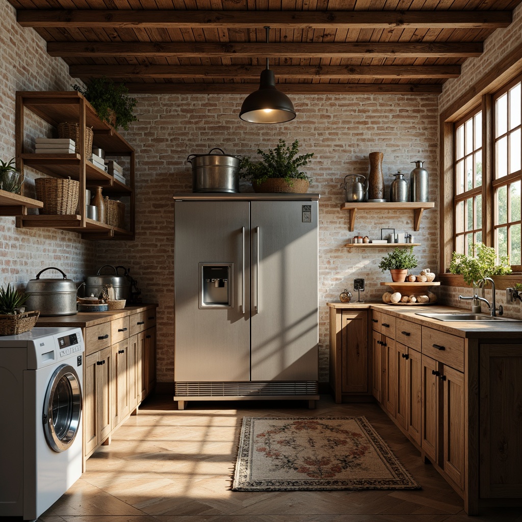 Prompt: Rustic laundry room, vintage decor, distressed wood cabinets, metal appliances, industrial-style lighting fixtures, worn brick walls, earthy color palette, natural textiles, woven baskets, galvanized steel tubs, wooden crates, farmhouse-inspired furniture, soft warm lighting, shallow depth of field, 1/1 composition, realistic textures, ambient occlusion.