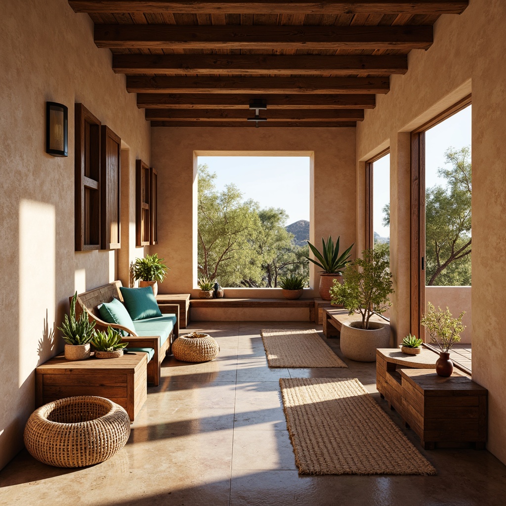 Prompt: \Southwestern-style mudroom, earthy tones, rustic wooden benches, woven baskets, natural fiber rugs, terra cotta planters, succulent arrangements, reclaimed wood accents, stone flooring, adobe-inspired architecture, warm ambient lighting, shallow depth of field, 1/1 composition, realistic textures, soft focus effect, desert landscape views, cactus silhouettes, vibrant turquoise accents, woven textile patterns, leather strap details.\