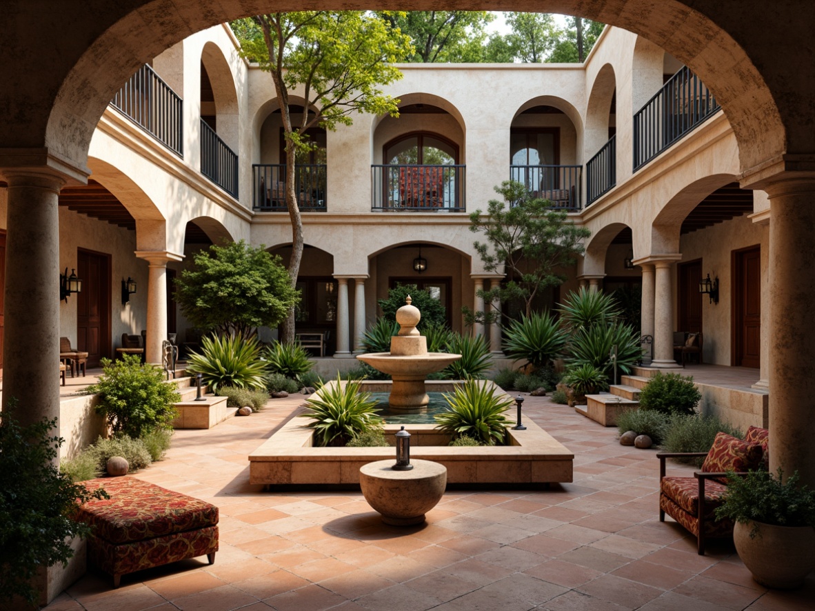 Prompt: Rustic courtyard, ornate fountains, lush greenery, weathered stone walls, wooden benches, elegant archways, wrought iron railings, classic columns, warm terracotta flooring, distressed wood furniture, plush velvet upholstery, ornamental tapestries, rustic metal lanterns, earthy color palette, soft warm lighting, shallow depth of field, 1/2 composition, realistic textures, ambient occlusion.