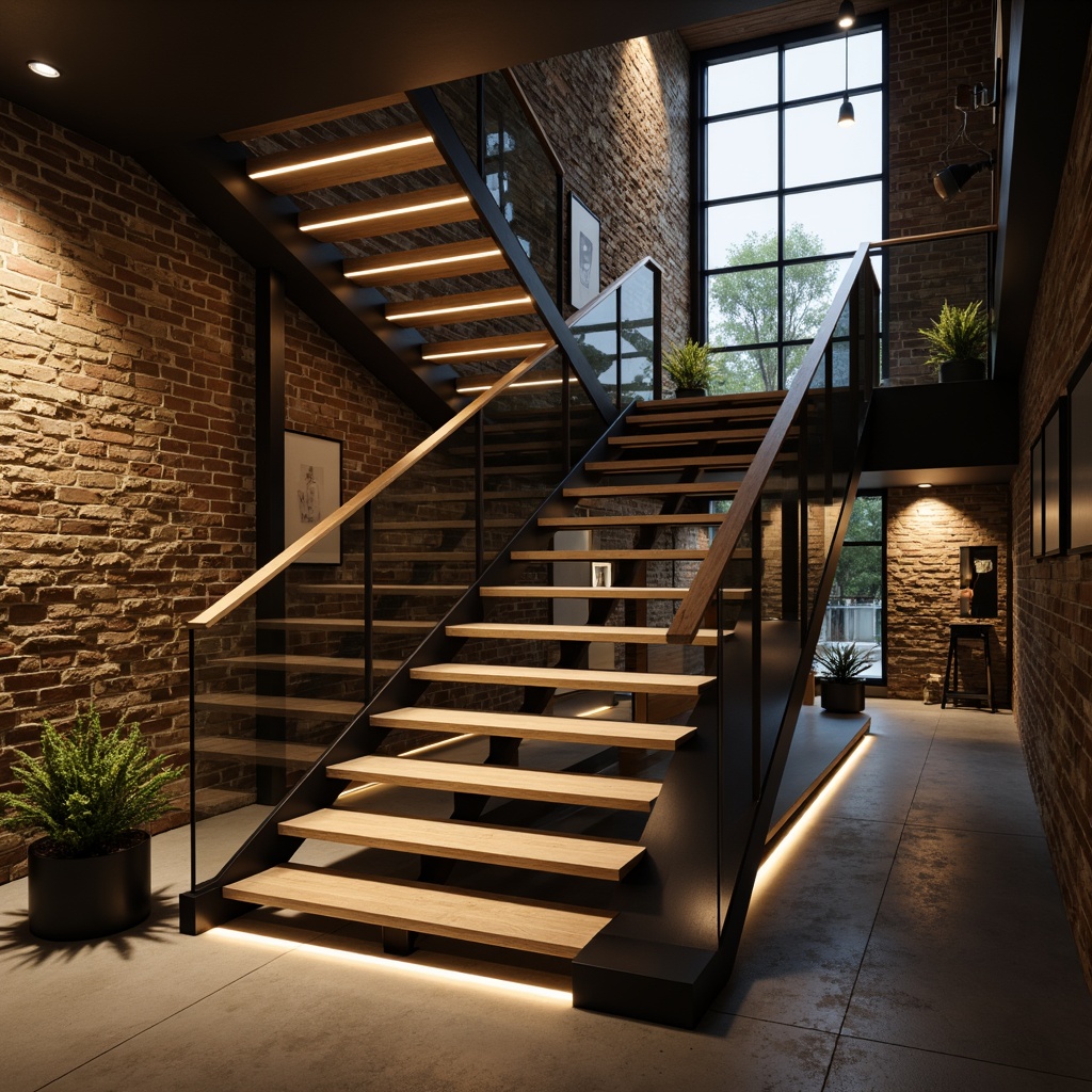 Prompt: Modern staircase, sleek metal railing, glass or wooden steps, ambient warm lighting, soft glowing LEDs, recessed floor lights, minimalist design, open-plan layout, industrial-chic atmosphere, polished concrete floors, exposed brick walls, natural stone textures, floating stair treads, cantilevered landings, suspended light fixtures, futuristic aesthetic, dramatic verticality, high-contrast shadows, 1/2 composition, shallow depth of field, realistic rendering.