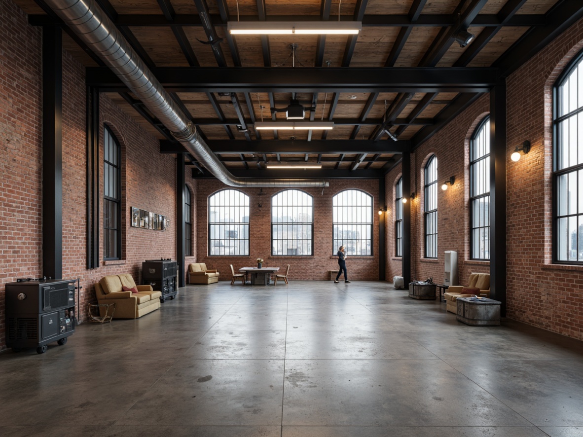 Prompt: Industrial warehouse, exposed brick walls, metal beams, polished concrete floors, reclaimed wood accents, industrial-style lighting fixtures, metallic tones, steel columns, mechanical equipment, urban cityscape, cloudy day, soft diffused lighting, shallow depth of field, 1/2 composition, realistic textures, ambient occlusion.