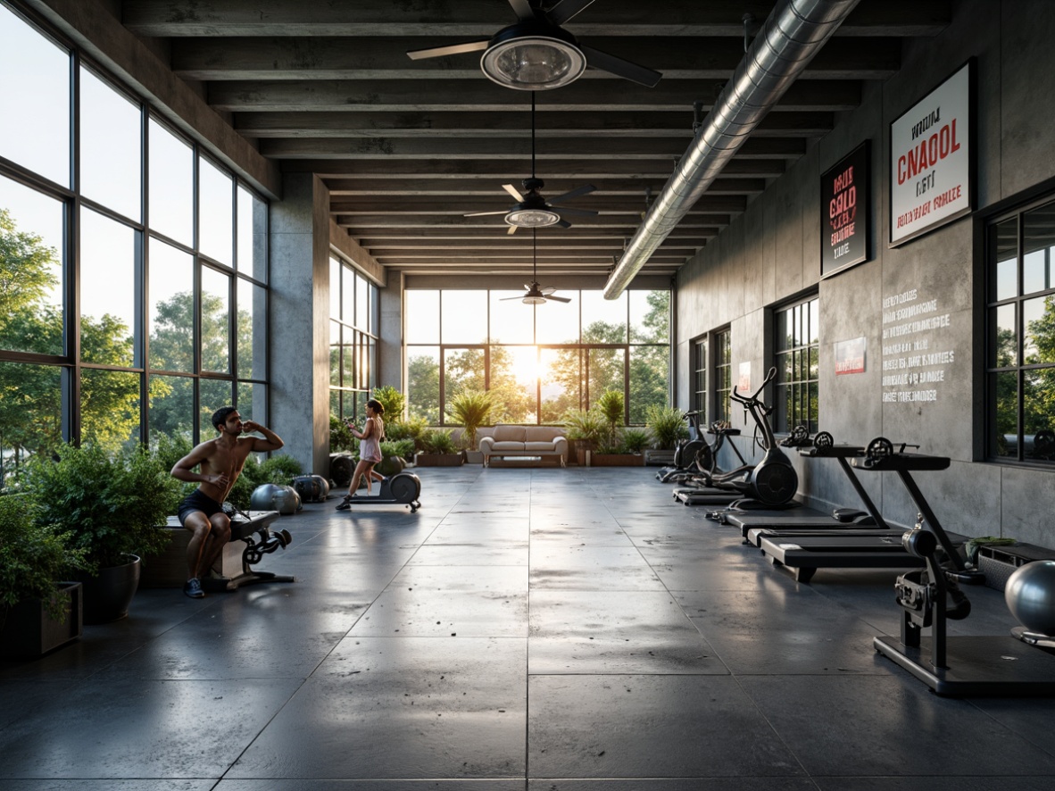 Prompt: Modern home gym, open space concept, high ceilings, large windows, natural light pouring in, minimalist decor, sleek metal equipment, rubber flooring, mirrored walls, motivational quotes, green plants, industrial-style lighting, 3/4 composition, shallow depth of field, realistic textures, ambient occlusion.