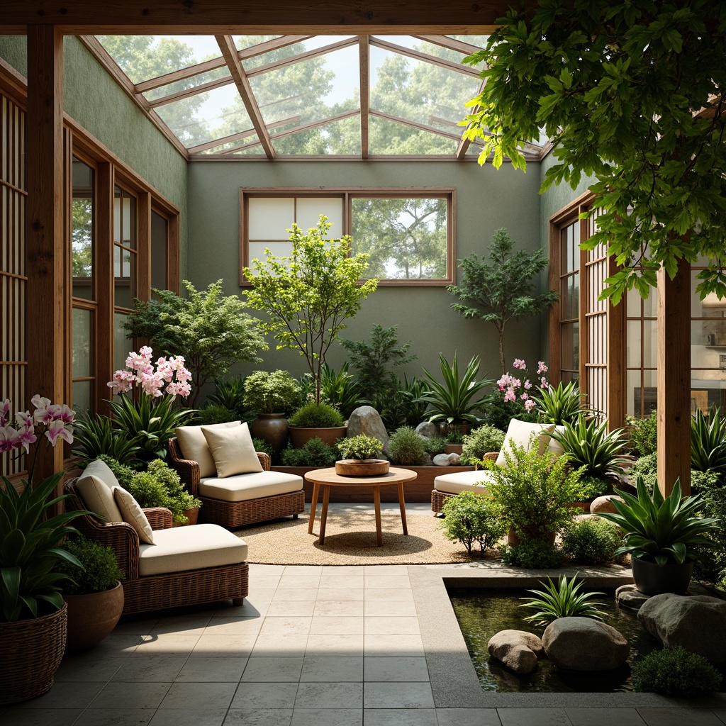 Prompt: Serenely lit Asian-style sunroom, lush greenery, potted bamboo plants, wicker rattan furniture, natural wood accents, sliding shoji screens, rice paper lanterns, vibrant orchids, tranquil water features, Japanese-inspired stone gardens, moss-covered walls, soft warm lighting, shallow depth of field, 3/4 composition, panoramic view, realistic textures, ambient occlusion.