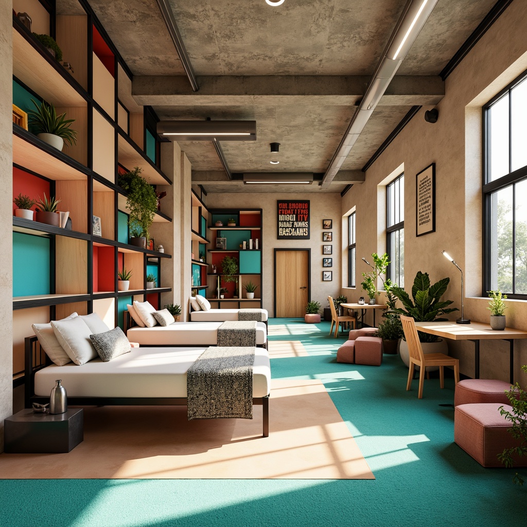 Prompt: Vibrant dormitory interior, bold geometric patterns, primary color accents, industrial metal furniture, functional simplicity, minimalist decor, exposed brick walls, polished concrete floors, sleek modular shelving, modernist typography, bold black lines, contrasting pastel hues, warm beige tones, rich turquoise accents, sunny natural light, soft box lighting, 1/1 composition, shallow depth of field, realistic textures, ambient occlusion.