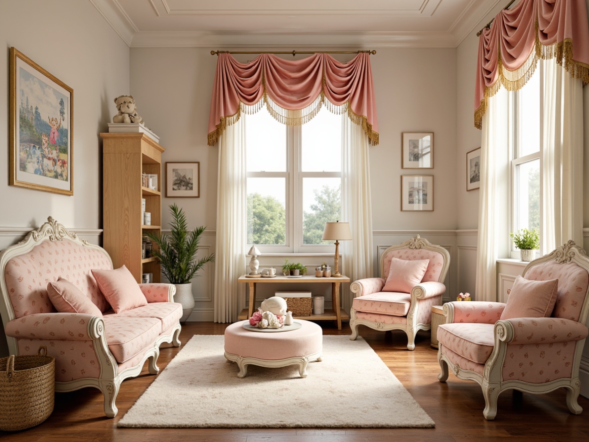 Prompt: Whimsical kids' room, soft pastel colors, ornate Rococo furniture, intricately carved wood, luxurious velvet textiles, playful polka dots, delicate lace trim, golden accents, opulent drapery, plush area rug, lively cartoon characters, creamy white walls, warm sunny lighting, shallow depth of field, 1/1 composition, cozy reading nook, vintage-inspired accessories, distressed finishes, richly patterned fabrics.