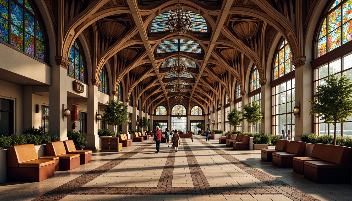 Prompt: Intricate bus station, flowing organic lines, sinuous curves, ornate metalwork, stained glass windows, grand entrance, high ceilings, mosaic flooring, luxurious waiting areas, curved wooden benches, ornate lighting fixtures, vibrant floral patterns, intricate ironwork, sinewy columns, grand chandeliers, soft warm lighting, shallow depth of field, 3/4 composition, panoramic view, realistic textures, ambient occlusion.