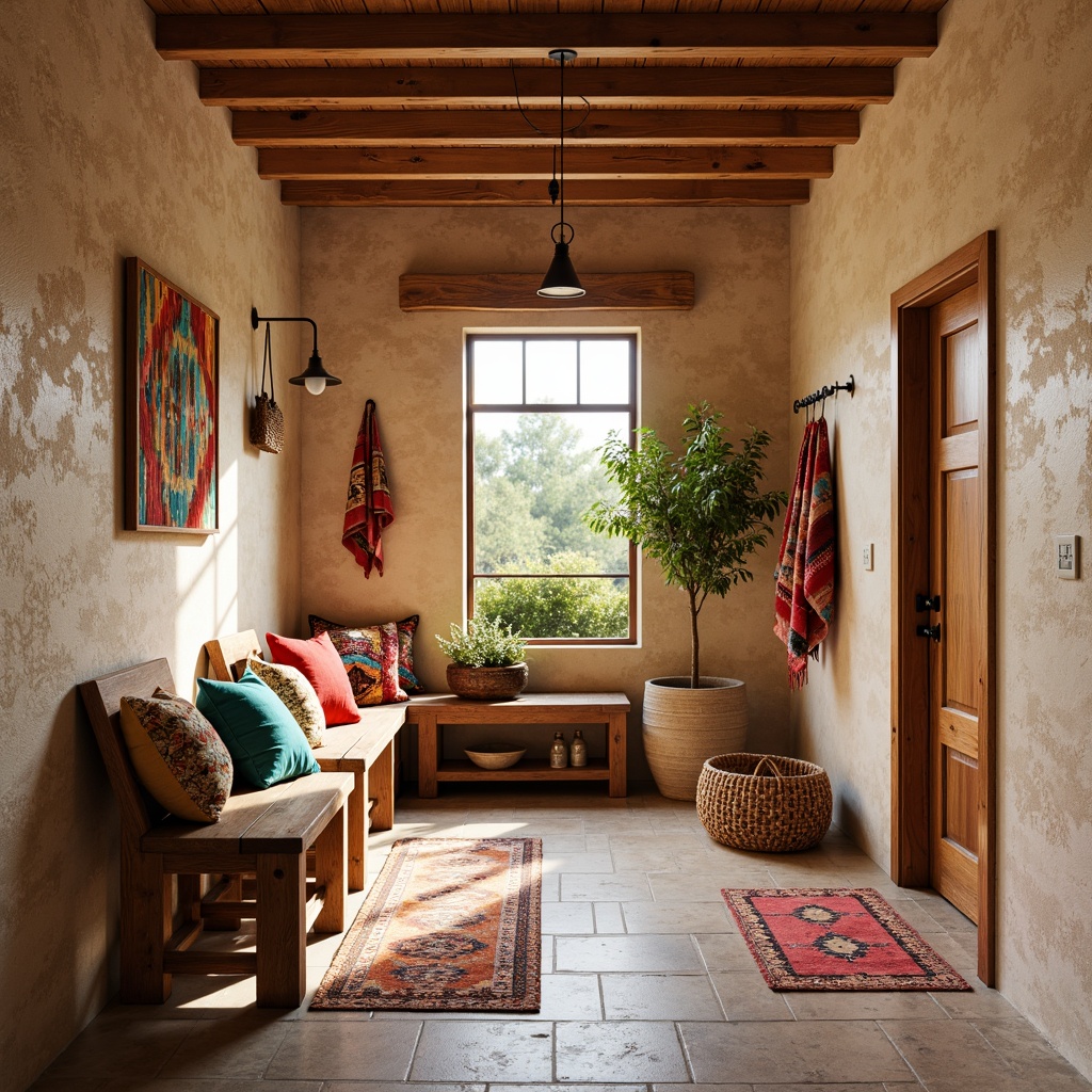 Prompt: Vibrant mudroom, Southwestern decor, earthy tones, rustic wooden benches, woven baskets, colorful textiles, geometric patterns, turquoise accents, natural stone flooring, adobe-inspired walls, warm beige colors, soft ambient lighting, shallow depth of field, 1/1 composition, realistic textures, ambient occlusion.