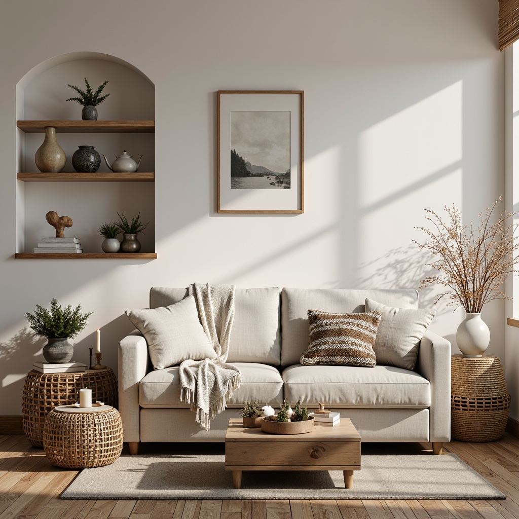 Prompt: Cozy Scandinavian living room, plush woolen throws, natural wood accents, woven rattan furniture, soft linen upholstery, chunky knit blankets, rustic wooden floors, creamy white walls, minimal ornamentation, warm candlelight, subtle shadows, 1/2 composition, intimate atmosphere, realistic fabric textures, ambient occlusion.