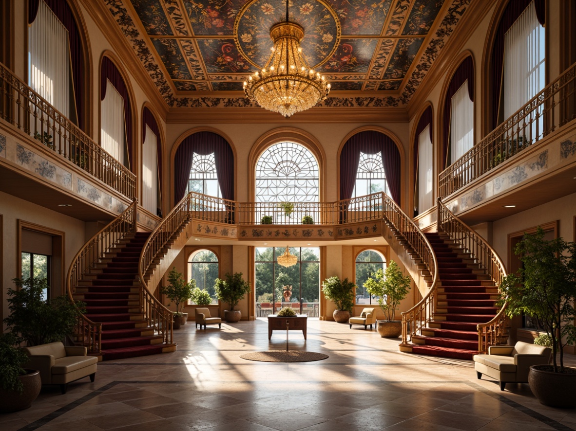 Prompt: Grandiose ballrooms, ornate chandeliers, sweeping staircases, flowing curves, organic lines, floral patterns, stained glass windows, intricate mosaics, luxurious fabrics, velvet drapes, polished marble floors, elegant furnishings, soft warm lighting, shallow depth of field, 1/2 composition, panoramic view, realistic textures, ambient occlusion.