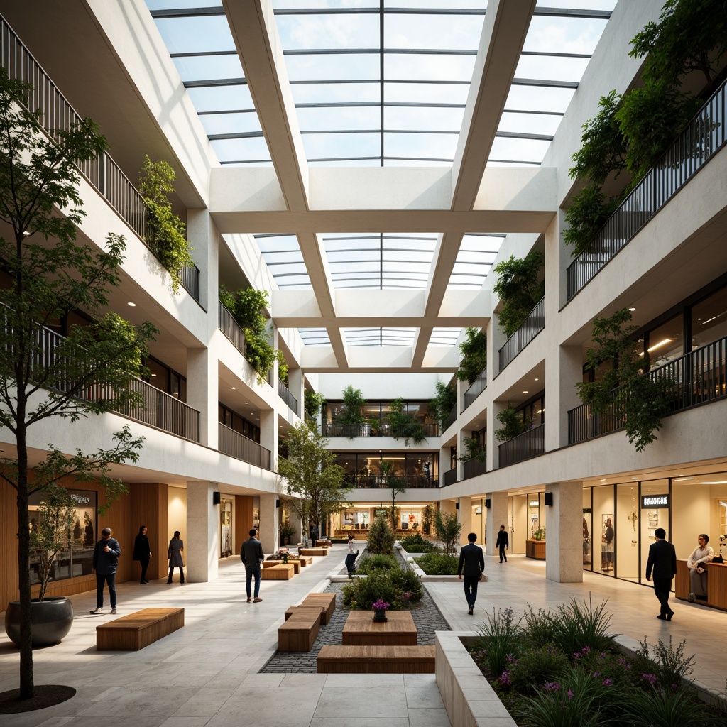 Prompt: Spacious shopping mall, high ceilings, large skylights, clerestory windows, natural stone flooring, polished metal handrails, minimalist interior design, open atriums, green walls, living trees, water features, soft warm lighting, shallow depth of field, 1/2 composition, panoramic view, realistic textures, ambient occlusion.