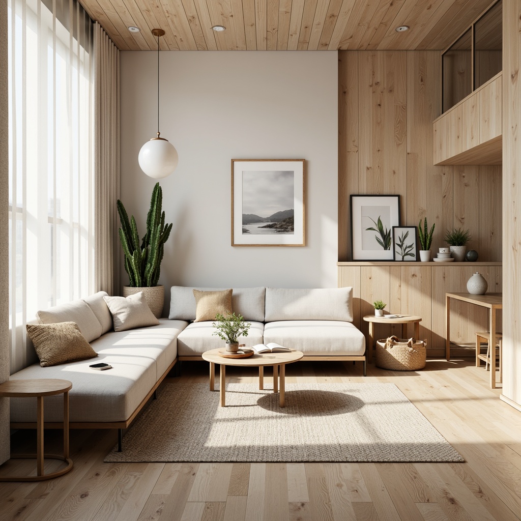 Prompt: Minimalist living room, light wood tones, natural textures, woven fibers, soft cushions, sleek low-profile sofas, geometric patterns, Nordic-inspired motifs, cozy reading nooks, warm ambient lighting, sheer curtains, functional decor, simple lines, organic shapes, pale color palette, wooden accents, rustic metal frames, woven baskets, potted plants, Scandinavian modernity, calm atmosphere, shallow depth of field, 1/1 composition, realistic renderings.