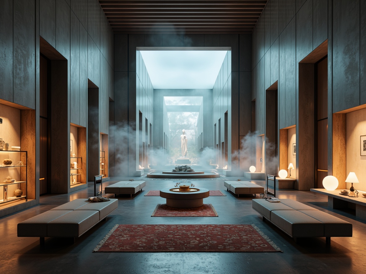 Prompt: Minimalist monastery interior, futuristic accents, sleek metal frames, levitating shelves, holographic displays, neon-lit alcoves, sacred artifacts, dimmable LED lighting, polished concrete floors, geometric-patterned rugs, avant-garde sculptures, cantilevered benches, angular tables, curved chairs, ethereal textiles, ambient fog effects, atmospheric soundscapes, 3/4 composition, shallow depth of field, panoramic view.