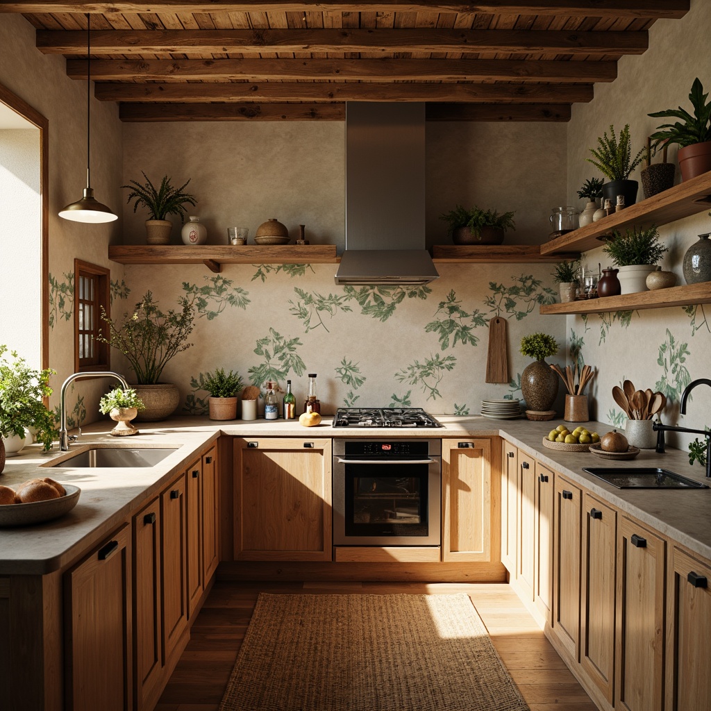 Prompt: Rustic kitchen, wooden cabinetry, earthy tones, distressed finishes, natural stone countertops, farmhouse sink, vintage appliances, pendant lighting, open shelving, woven textiles, botanical patterns, warm beige walls, hardwood flooring, soft morning light, shallow depth of field, 1/1 composition, realistic textures, ambient occlusion.