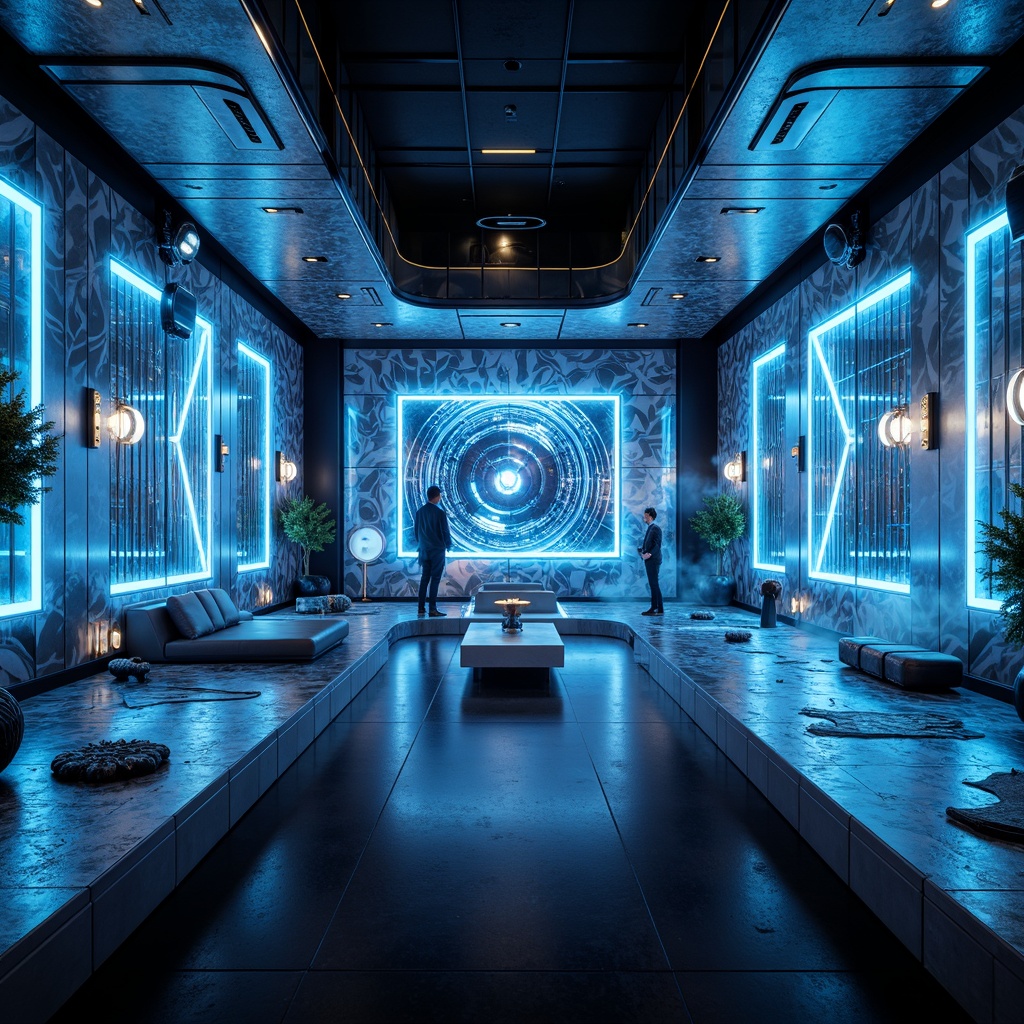 Prompt: Neon-lit futuristic interior, metallic silver walls, glossy black floors, iridescent blue accents, holographic patterns, sleek minimalist furniture, LED light installations, atmospheric mist, futuristic gadgets, virtual reality interfaces, curved lines, geometric shapes, high-tech materials, ambient Occlusion, shallow depth of field, 3/4 composition, realistic textures.