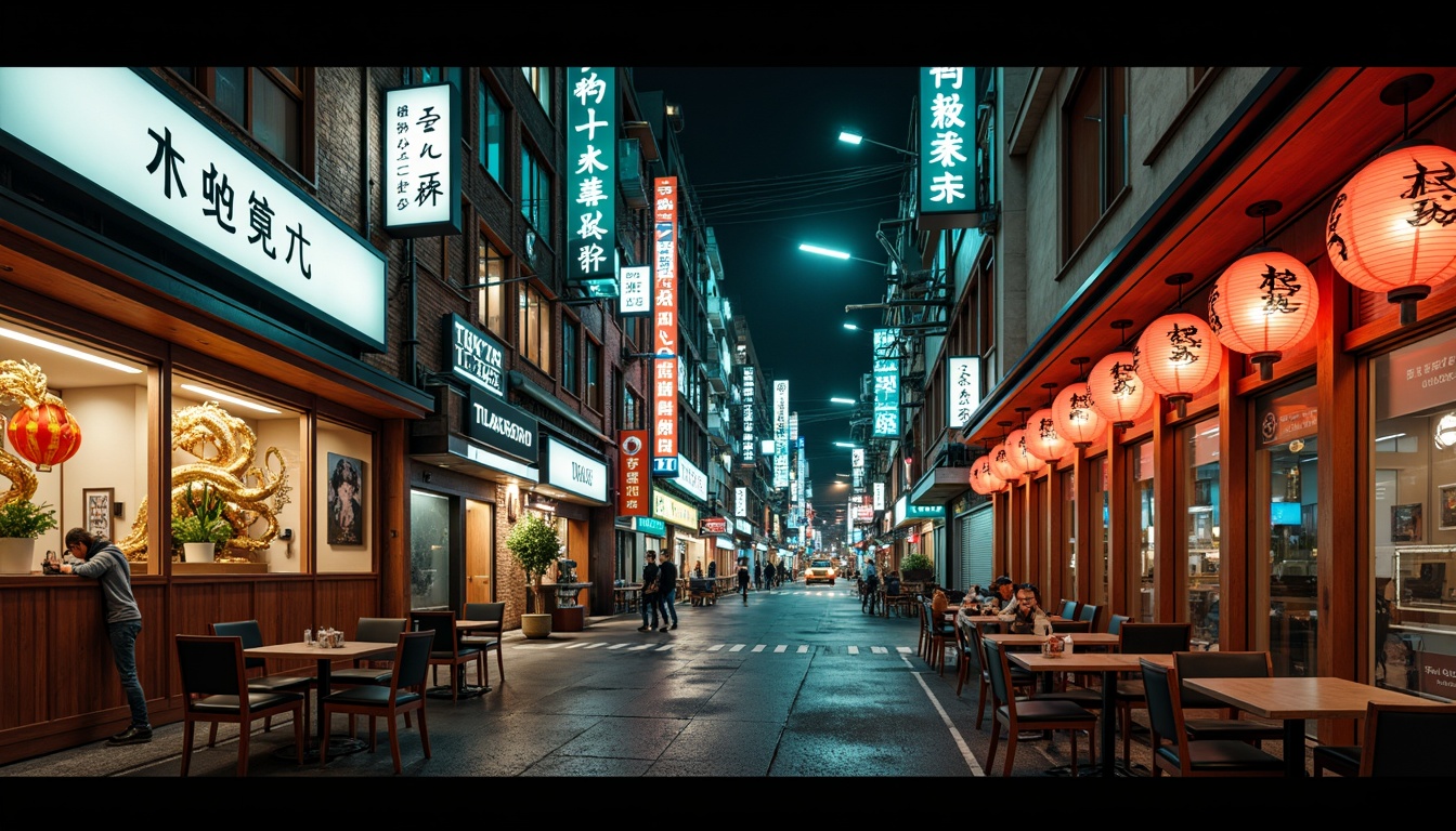 Prompt: Vibrant Tokyo streets, neon lights, bustling nightlife, rich wood accents, lacquered finishes, bold red lanterns, golden dragons, intricate Japanese patterns, deep blues and greens, earthy terracotta tones, warm beige walls, eclectic mix of modern and traditional elements, bold black outlines, stylized kanji characters, subtle sheen on metallic surfaces, atmospheric misty lighting, 1/2 composition, cinematic color grading, highly saturated colors.