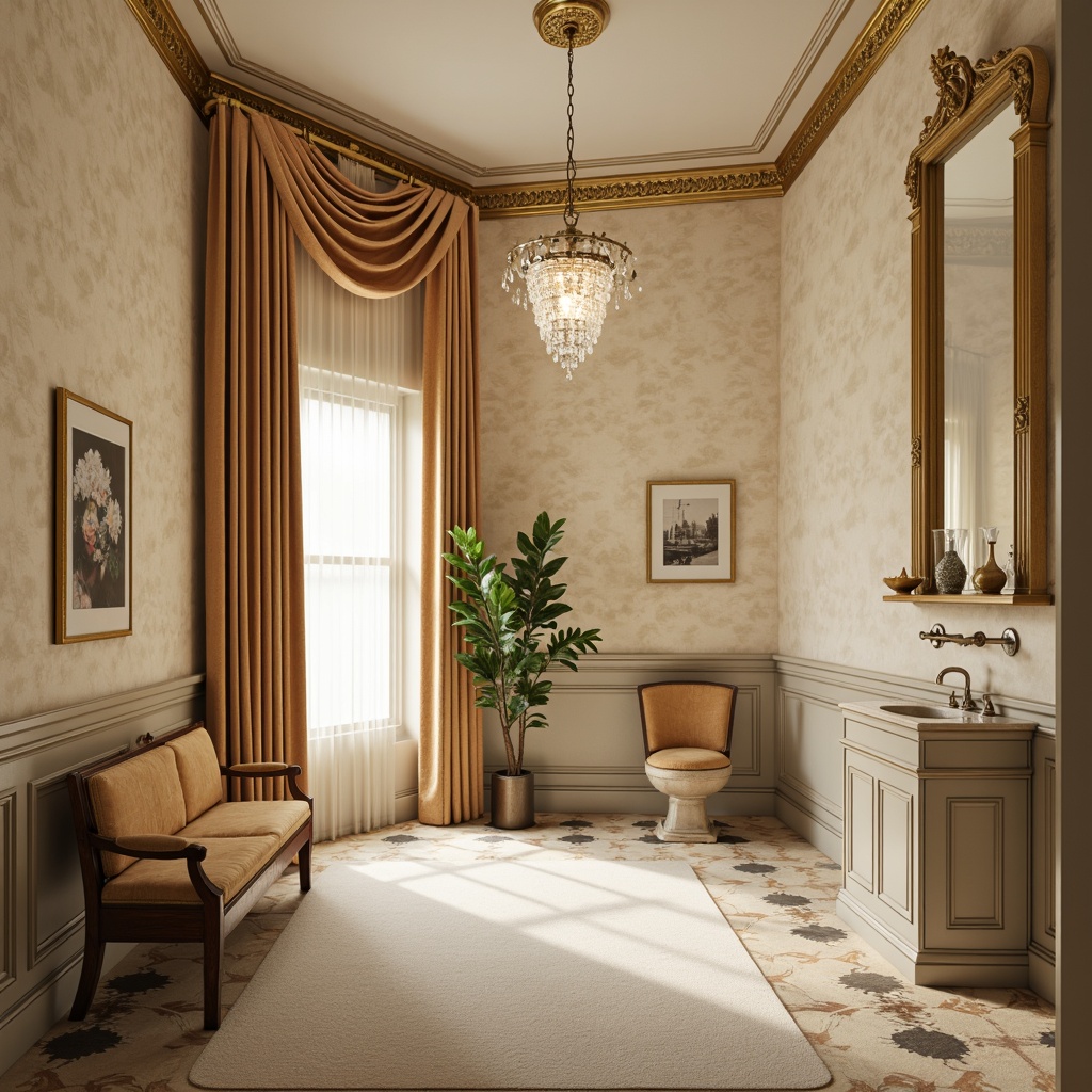 Prompt: Elegant powder room, soft cream walls, ornate gold molding, subtle texture, luxurious velvet drapes, crystal chandelier, rich wood accents, classic academic style furniture, sophisticated color palette, warm beige tones, refined architectural details, traditional wainscoting, decorative trim work, stately columns, grand entrance, opulent atmosphere, dramatic ceiling height, softbox lighting, 1/1 composition, shallow depth of field, realistic textures.