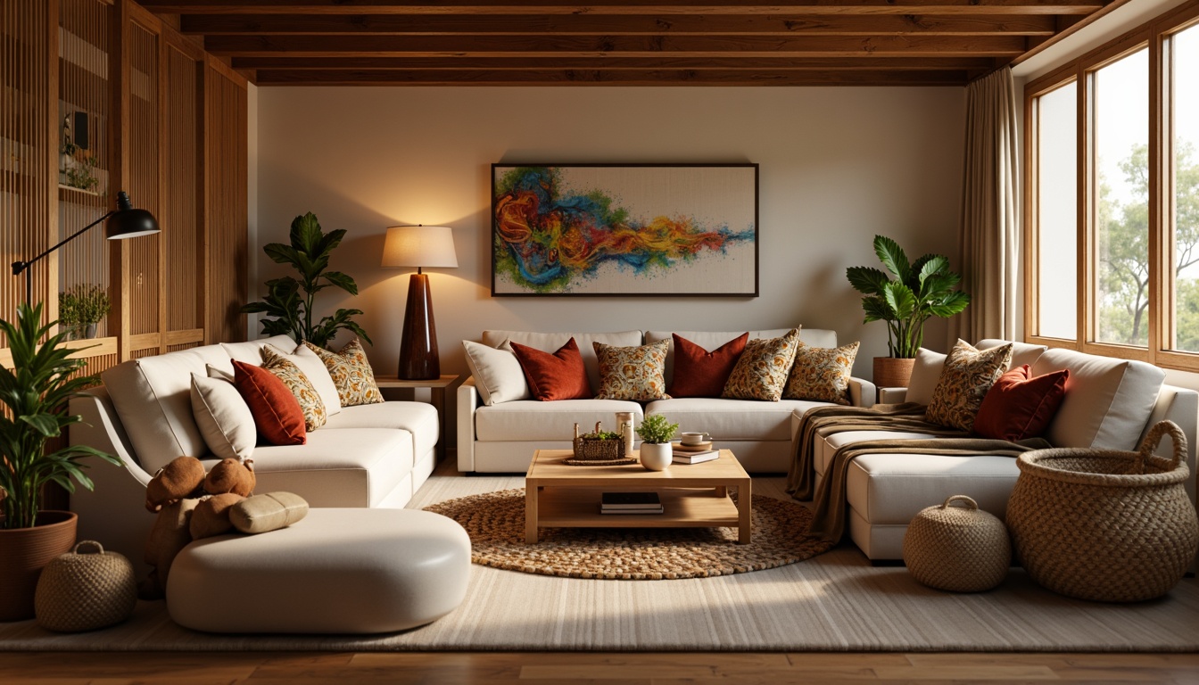 Prompt: Cozy living room, plush throw pillows, soft velvety upholstery, woven baskets, natural fiber rugs, warm beige tones, comfortable sectional sofas, oversized armchairs, floor lamps, wooden coffee tables, vibrant colorful patterns, intricate geometric motifs, ambient warm lighting, shallow depth of field, 1/1 composition, realistic textures, cozy atmosphere.