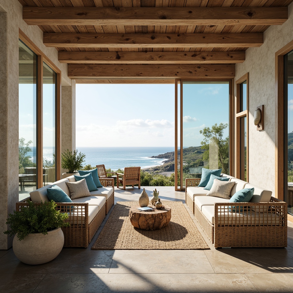 Prompt: Cozy beachside patio, weathered wood accents, plush sectional sofas, soft ocean-blue cushions, natural fiber rugs, woven wicker chairs, driftwood coffee tables, sea-glass vases, coral-inspired decorative accents, warm sandy tones, calming coastal colors, large windows, sliding glass doors, ocean views, sunny day, soft warm lighting, shallow depth of field, 3/4 composition, panoramic view, realistic textures, ambient occlusion.