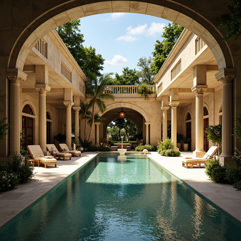 Prompt: Elegant neoclassical pool, ornate stone carvings, symmetrical architecture, crystal clear water, gentle ripples, warm golden lighting, soft shadows, subtle ambient occlusion, dramatic spotlights, accentuating columns and arches, decorative moldings, lavish fountains, serene ambiance, tranquil atmosphere, natural stone surroundings, lush greenery, blooming flowers, sunny day, high contrast ratio, realistic reflections, shallow depth of field, 2/3 composition.