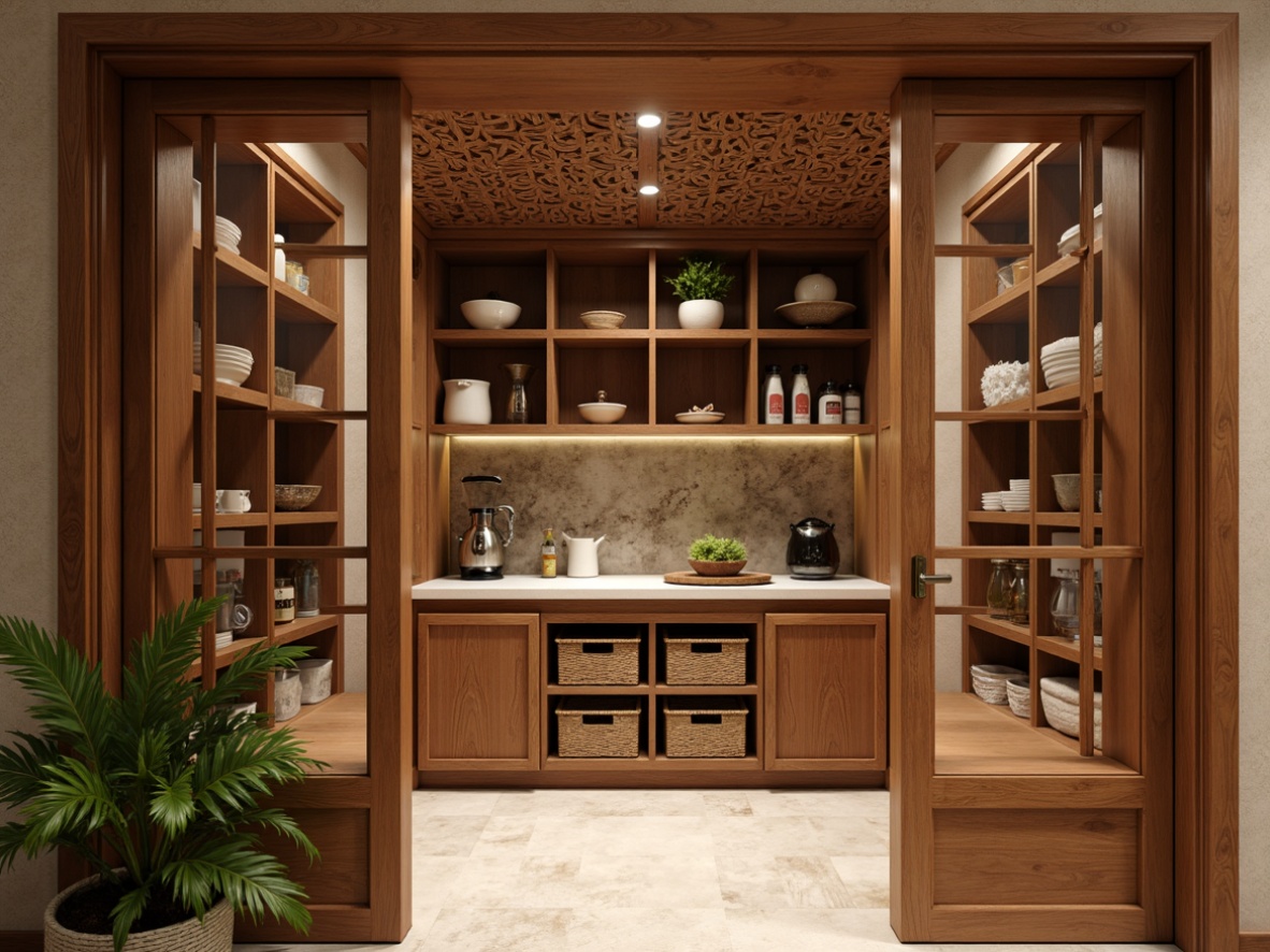 Prompt: Asian-inspired pantry, rich wood tones, ornate carvings, sliding doors, hidden storage, minimalist aesthetic, natural materials, wicker baskets, ceramic containers, vibrant textiles, subtle lighting, warm beige walls, polished wooden shelves, intricate lattice designs, adjustable shelving systems, concealed spice racks, modern appliances, sleek countertops, soft neutral colors, shallow depth of field, 1/1 composition, realistic textures.