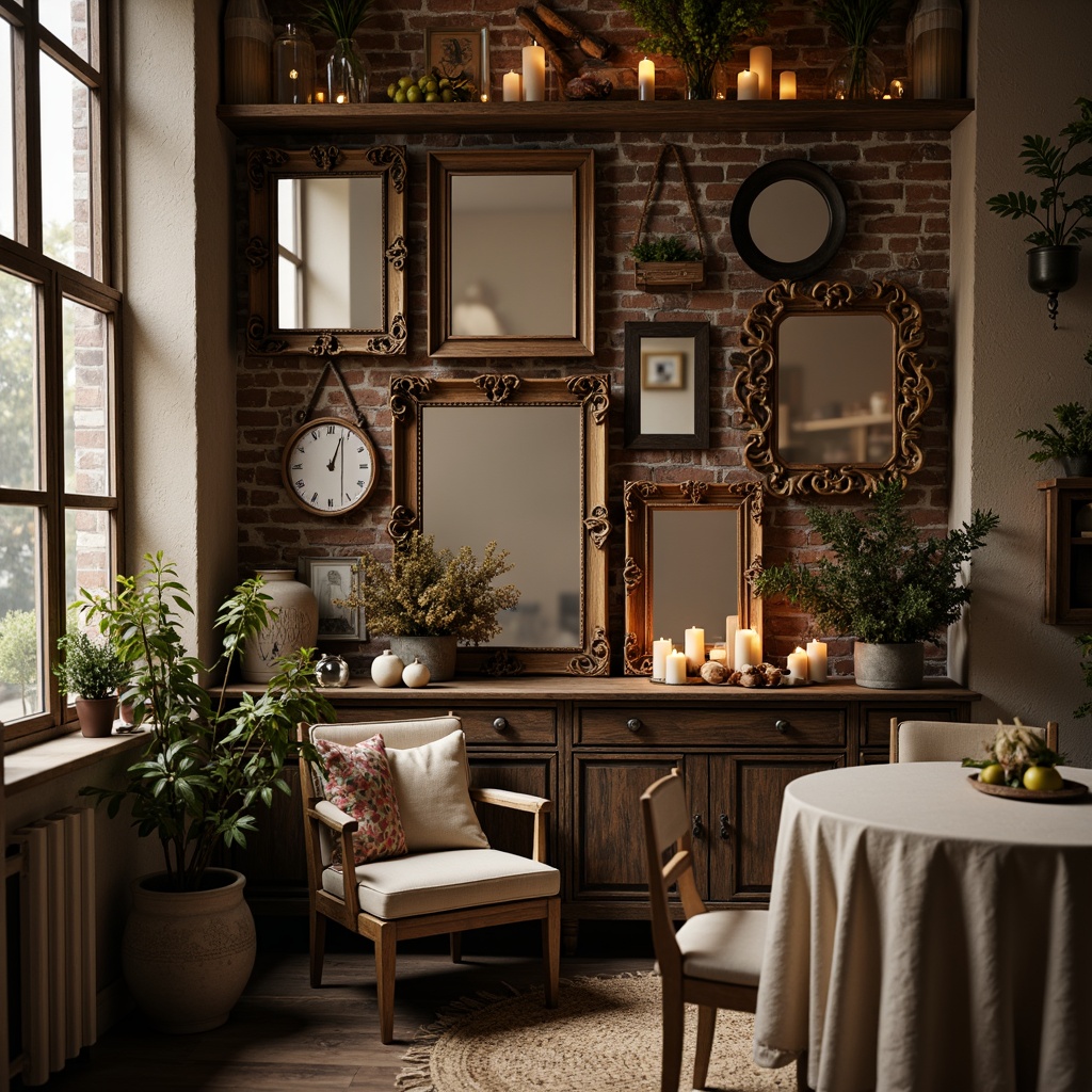 Prompt: Distressed wooden frames, vintage ornate mirrors, soft warm candlelight, rustic metal lanterns, faded floral patterns, distressed brick walls, reclaimed wood shelves, antique furniture pieces, lace drapery, linen upholstery, natural fiber rugs, earthy color palette, soft focus, shallow depth of field, 1/1 composition, intimate atmosphere, cozy ambiance.